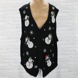 VICTORIA JONES WOMAN Vest Snowmen Pearls Christmas Holiday Black Plus Size 1X